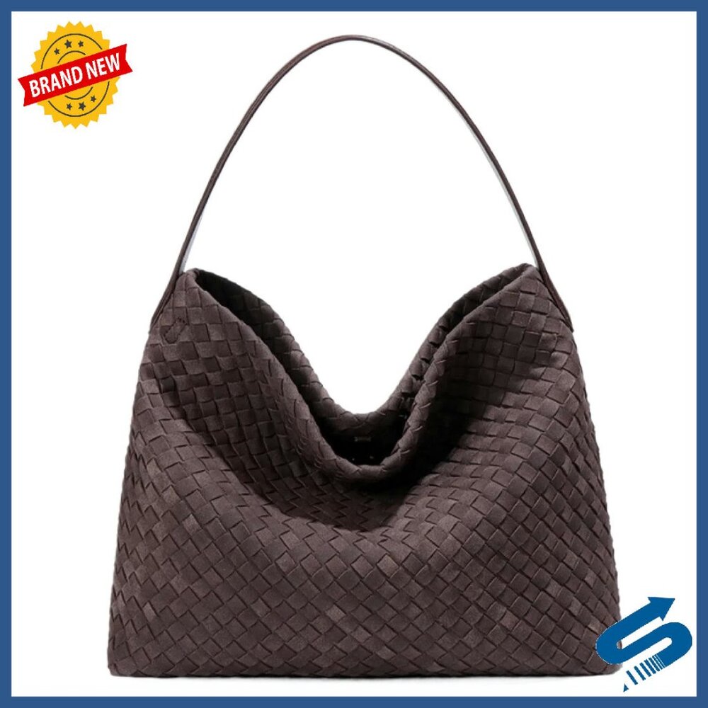 Woven Faux Suede Tote Hobo Bag Slouchy Shoulder Handbag 13.5x11.5